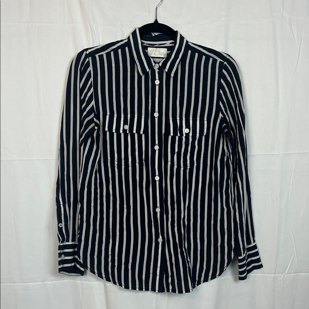 J. Crew Navy & White Striped Button Down Silk Shirt